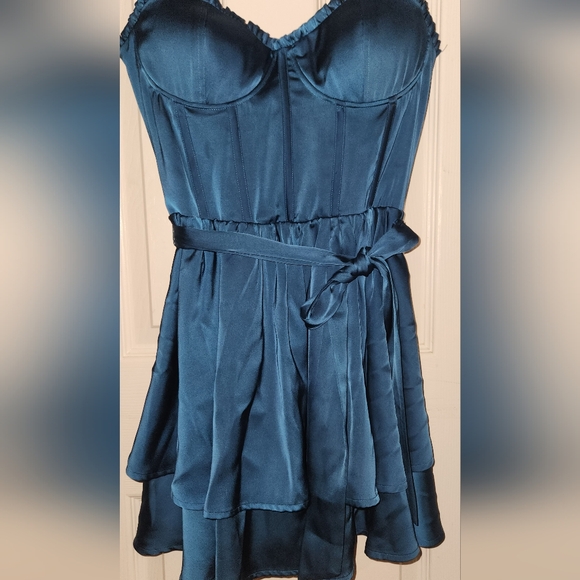 Altar'd State Small Blue Corset Satin Tiered Mini Melney Dress - Picture 3 of 17
